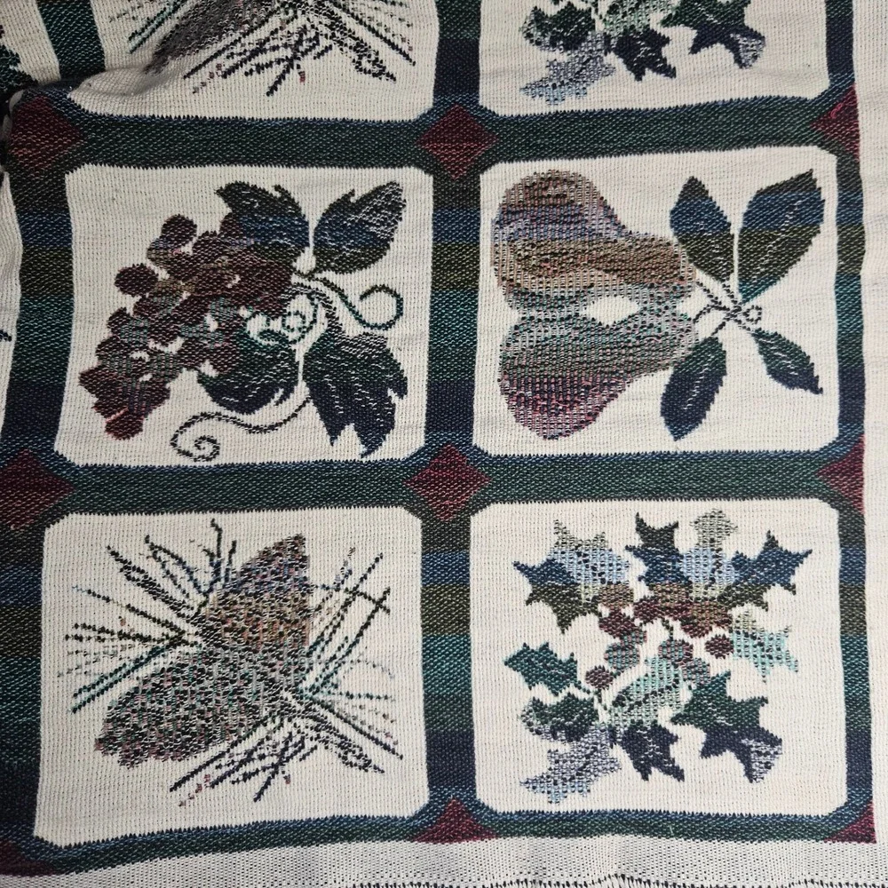 Vtg Goodwin Weavers Cotton Tapestry Throw Blanket Birds Fruit Botanical‎ USA